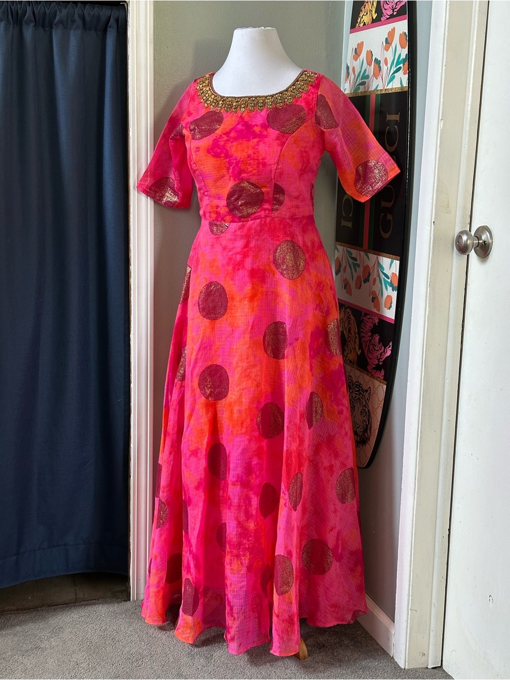 Made in India Metallic Pink Orange Gold Dress Gown Wedding Bollywood Formal